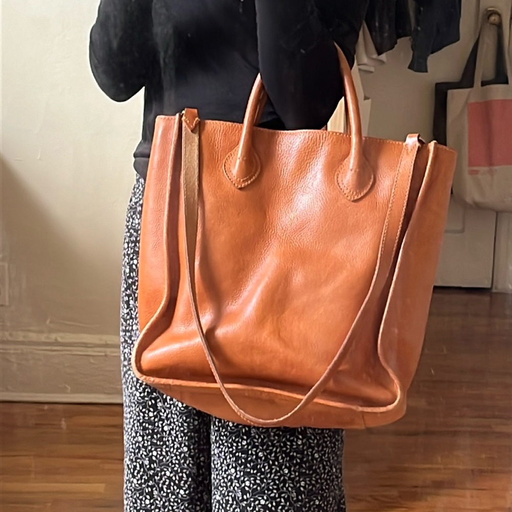 Brown leather tote bag (Madewell Slim Camden tote)